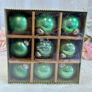 Set of 9 Kugel Style Green Mercury Glass Christmas Ornaments Crackled Matte New